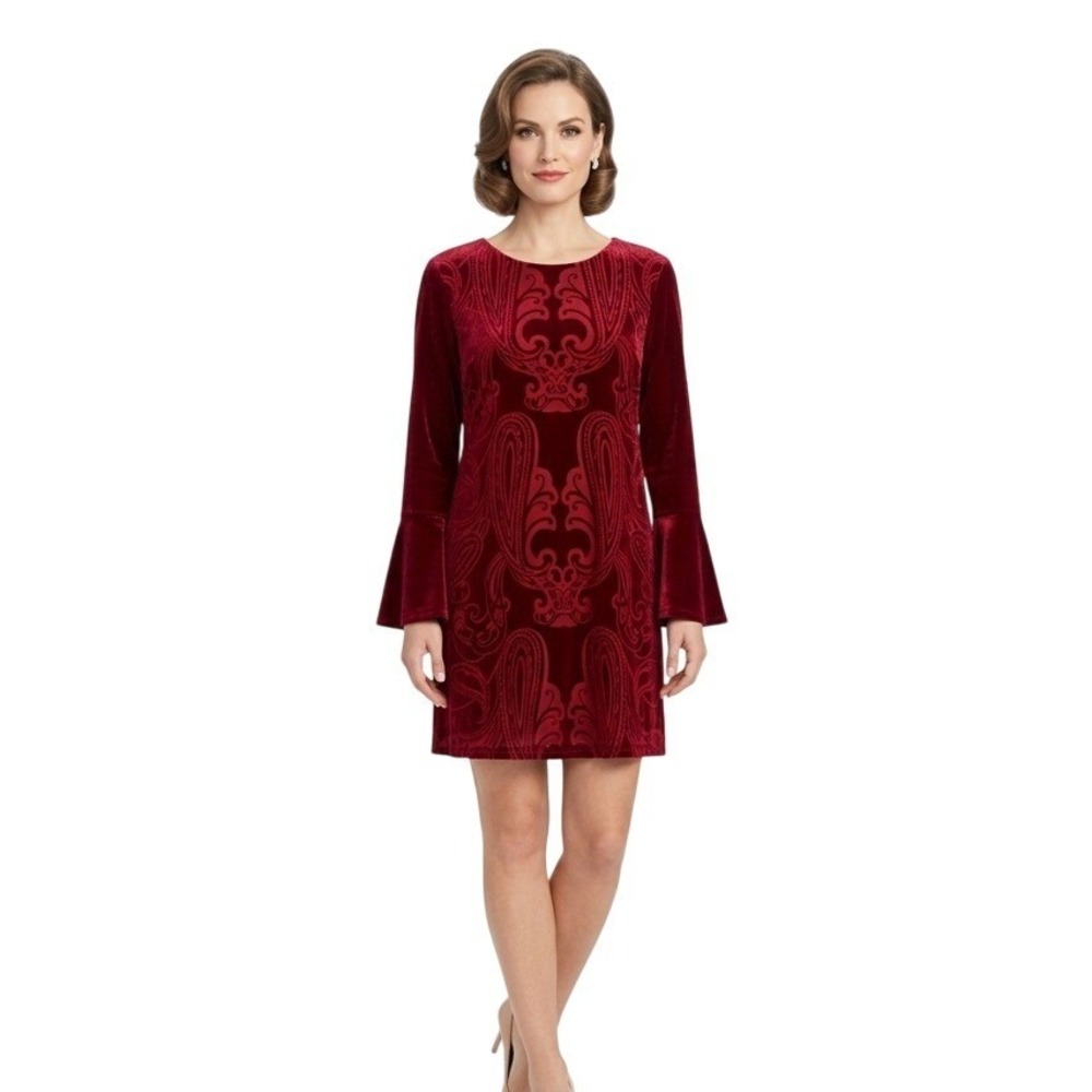Cato Dress Women's XL Red Burnt Velvet Paisley Bell Sleeve Shift Keyhole Mini